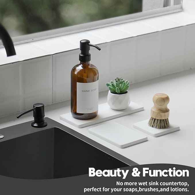 3PCS Bathroom Sink Vanity Trays, Quick Stone Drying Mat Dish Soap Dispenser Sponge Holder for Kitchen Counter, Diatomaceous Earth Water Absorbing Caddy Organizer, White