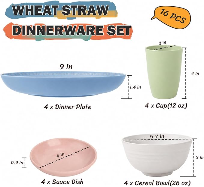 Wheat Straw Dinnerware Sets for 4, 16 Piece Unbreakable Kids Dinnerware Set, Toddler Plates and Bowls Sets, Kitchen Plates and Bowls Set, Lightweight Dish Set for Travel Camper Dishes - Colorful