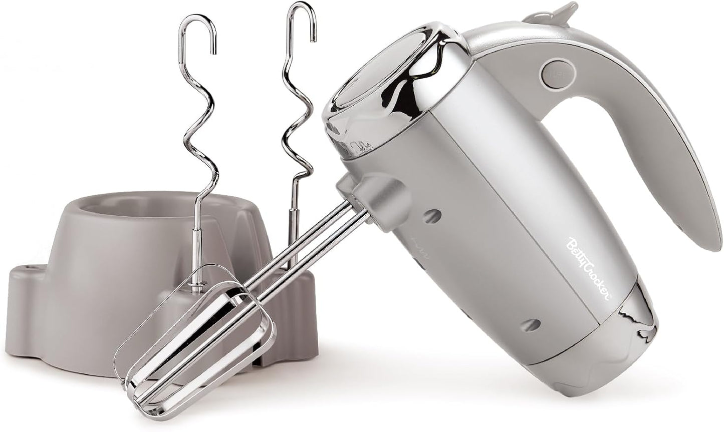 Betty Crocker 7-Speed Power-Up™ Hand Mixer with Stand, BC-4208S, Silver | 300 Watt Electric Mixer with Beaters and Dough Hooks, Ergonomic Electric Hand Blender for Home & Kitchen with Stand