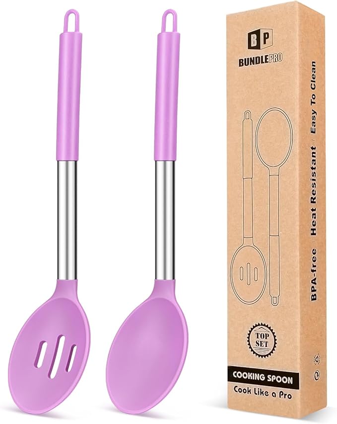 BUNDLEPRO Silicone Cooking Spoons for Non Stick Cookware, 2 Pack, Purple | Heat Resistant, Large Kitchen Spoons for Mixing, Serving, Draining, Stirring