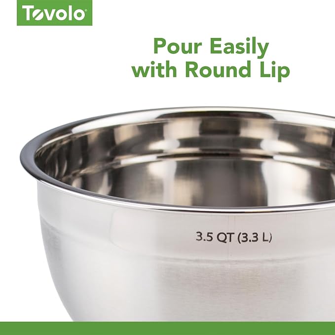 Tovolo Medium Stainless Steel Mixing Bowl 3.5 Quart Nesting Metal Bowl with Rounder Lip Edge, Dishwasher Safe Single Metal Bowl Kitchen Prep Essential, Whisking Bowl for Baking and Cooking