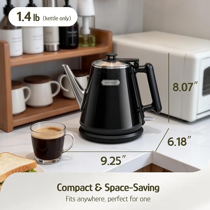 Hazel Quinn Electric Kettle, 1L/34oz Small Tea Kettle - Jet Black | 800W Fast Boil, 304 Stainless Steel Interior, Double-Wall Cool Touch, Gooseneck Spout, Auto Shut-Off, BPA-Free Cordless, Home