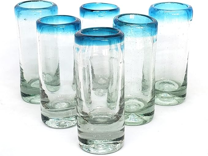 Aqua Blue Rim 2 oz Tequila Shot Glasses (set of 6), Recycled Glass, Lead-free, Toxin-Free (Shot)