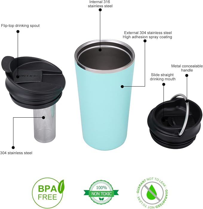 GiNT 17oz Travel Tea Mug with Infuser, 2 Lids. Vacuum Insulated 316 Stainless Steel Coffee Mug. Dishwasher Safe Tea Cup with Strainer for Hot & Cold Brew Coffee. Mothers Day Gifts for Mom (Green)