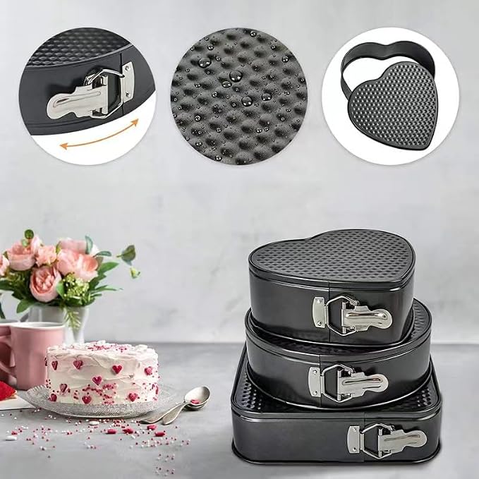 Kitchen Tool Cake Baking Supplies Non-stick Removable Bottom Springform Cake Pan TinBaking Heart shaped cake pans Leak proof and high temperature resistant Square roud Heart cake Pans Set of 3