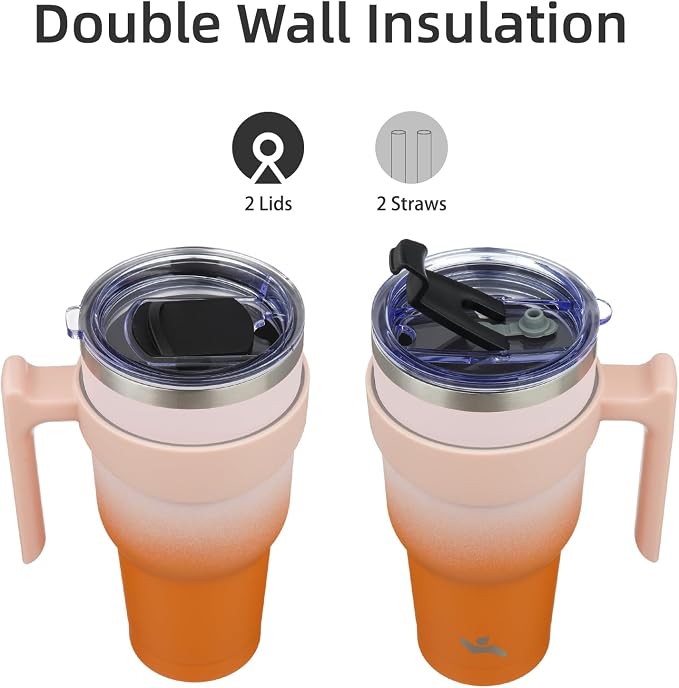 Konokyo 40 oz Tumbler with Handle and Straw, Insulated Travel Mug | Coral; BPA-free, leak-proof tumbler with 2 lids, 2 straws, cup holder fit for coffee, office, travel & daily use