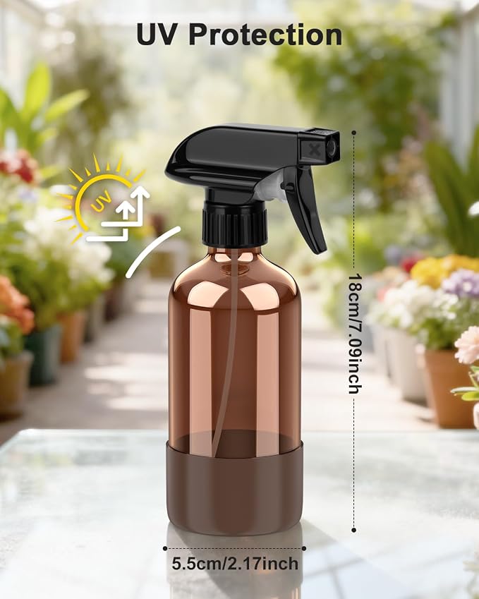 Bontip Amber Glass Spray Bottle, 8 oz with Brown Silicone Sleeve, 1 Pack | Refillable amber glass bottle, With protective silicone sleeve, BPA-free, UV shielding, Great for cleaning solutions,plants