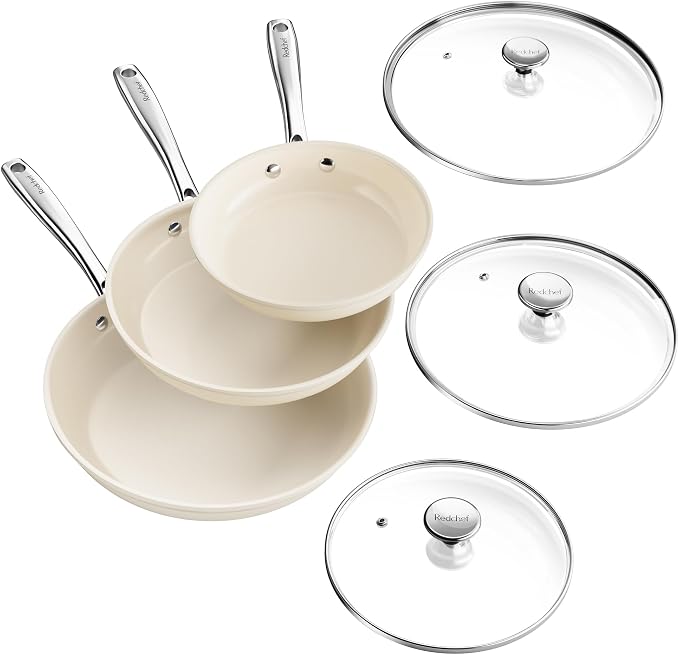 Redchef Nonstick Cookware Sets, Frying Pan Set with Tempered Glass Lids, Ceramic Cookware Set, Stay-Cool Handles, Dishwasher & Oven Safe, Compatible with All Cooktops, Beige (8+9.5+11 Inch)