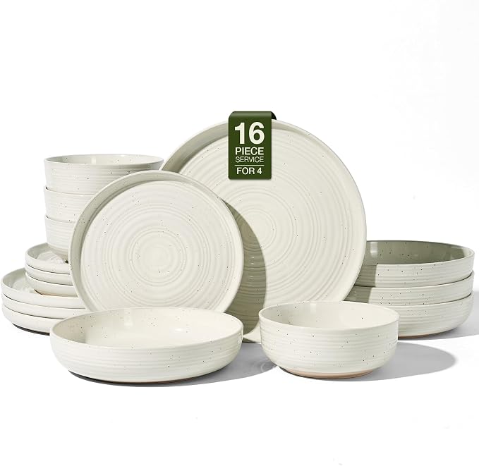 Stoneware Dinnerware Sets with Pasta Bowls, Service for 4 | 16-Piece Ceramic Plates and Bowls, Speckled Spiral Dishes, Chip & Scratch Resistant, Microwave & Dishwasher Safe, White Honey