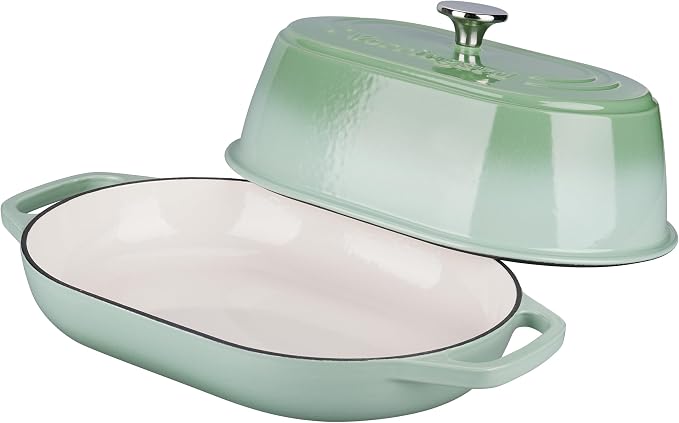 Enameled Cast Iron Dutch Oven Pot with Dome Lid, Oval Bread Oven for Homemade Sourdough Bread Baking, Oven Safe up to 500°F, 6 Quart, Green