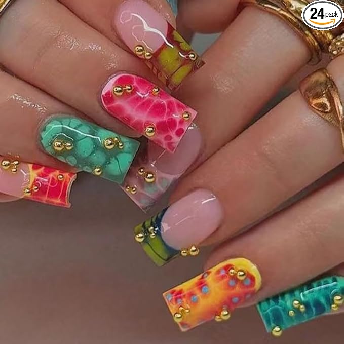 WLGDLH Leopard Print French Tip Press on Nails Medium Square Fake Nails Press ons Nail Tips Kit with Flowers Design Nude Glossy False Nails Full Cover 3D Gold Beads Glue on Nail for Women 24Pcs