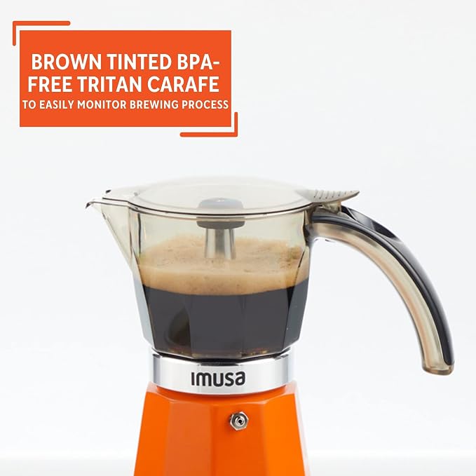 IMUSA 6 or 3 Cup Electric Espresso Maker with Cool-Touch Handle, Orange | Bare Aluminum Finish, Cool-Touch Handle with Visual Indicator, Makes Espresso, Ideal for Everyday Use and Gifts