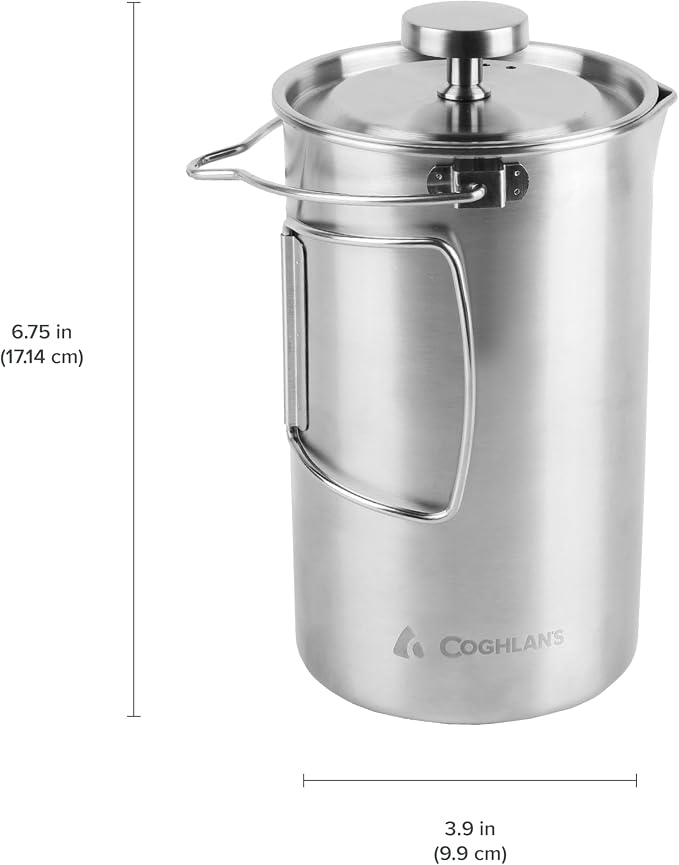 Coghlan's Stainless Steel French Press Coffee Maker – 4-Cup (32 oz), Campfire & Stovetop Safe, Portable & Durable – Fine Mesh Filter, Folding Handle, Dishwasher Safe – For Camping, Home, or Travel