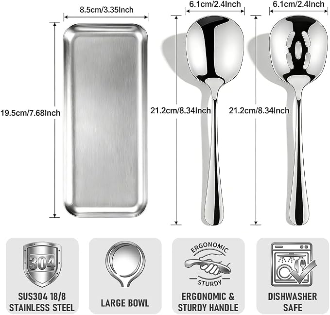 4-Piece Serving Spoons Set with 2 Spoon Rests, 18/8 Stainless Steel, 2 Slotted & 2 Solid Serving Spoons, Heavy Duty 304 Tableware for Buffet, Banquet & Kitchen Use