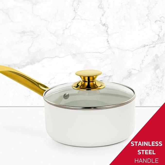 Holstein Housewares 3.5QT Ceramic Non-Stick Sauce Pan with Lid, Multipurpose Sauce Pan for Simmering & Boiling, Stainless Steel Golden Handle, Induction, Gas & Electric Compatible, White and Gold