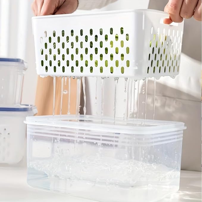 2 Pcs Fruit Storage Containers for Fridge with Removable Colander, Airtight Leakproof Produce Saver Set, Plastic Fridge Organizers for Vegetables, Berries & Meat, Dishwasher Safe