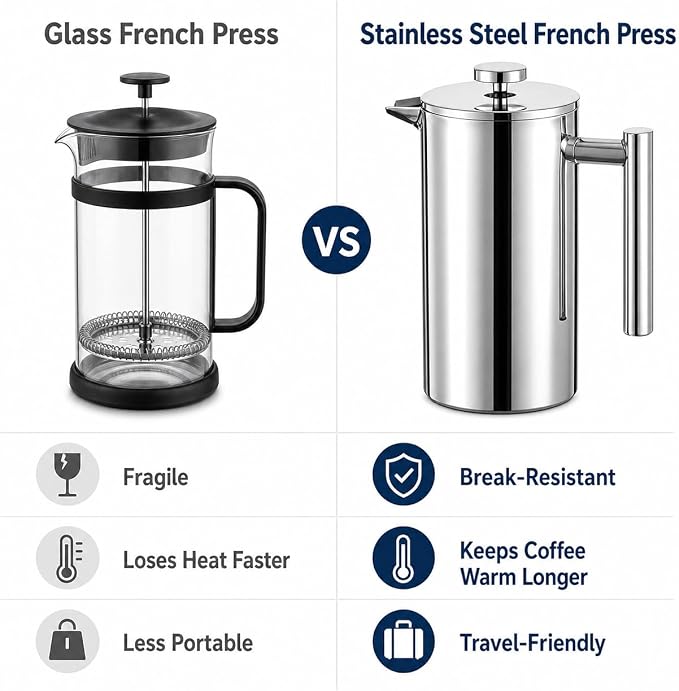 12 oz / 350 ml Stainless Steel French Press Coffee Maker, Double-Wall Insulated Small Coffee Press with 2 Extra Filters and Coffee Spoon, Single Serve French Press for Home, Office and Camping