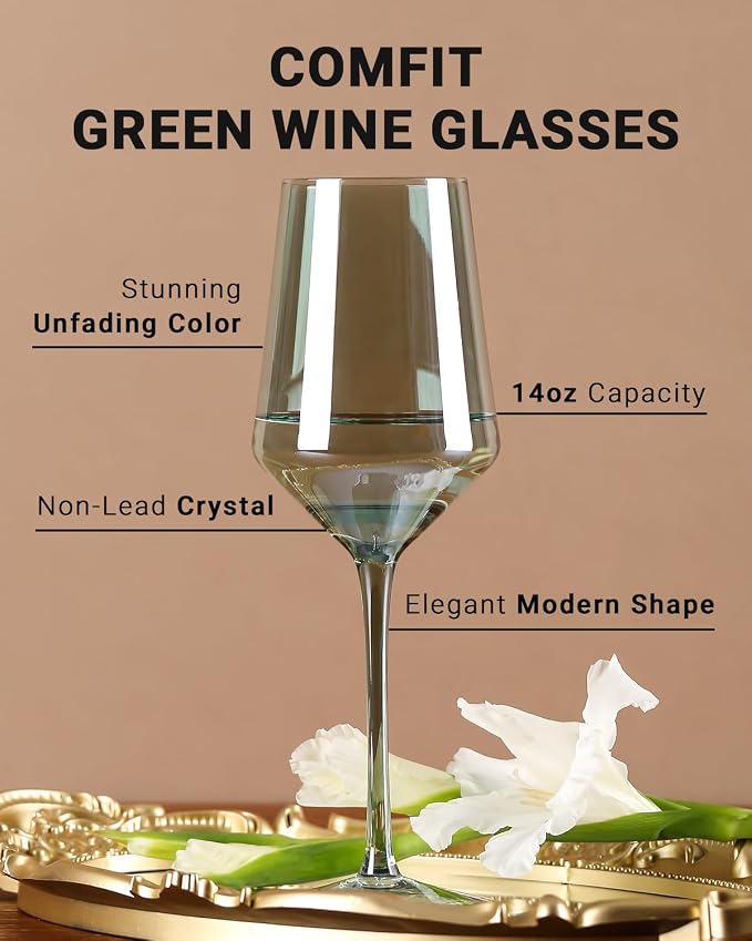 comfit Green Wine Glasses Set of 6-15 oz Hand-blown Crystal Long Stem Wine Glasses - Green Glassware, Mother's Day, Wedding, Birthday Gifts