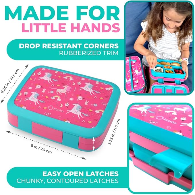 kinsho Bento Lunch Box, Bottle, Bag, Ice Pack for Small Kids, Pink Unicorn | 5 Leakproof Portion Compartments, BPA-Free Removable Tray, Insulated Meal or Snack Container for Pre-School Daycare