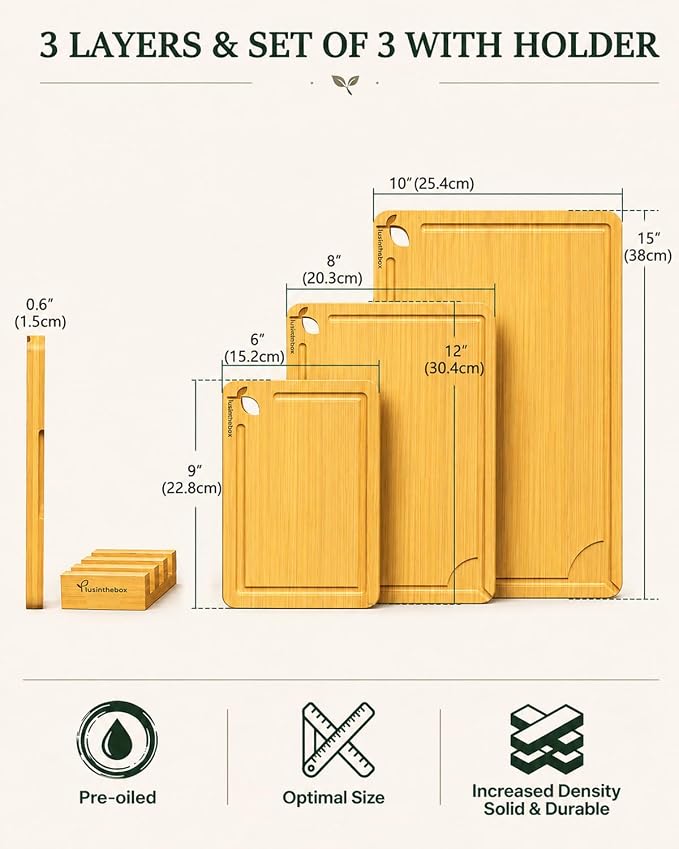 Cutting Board Set with Holder,Large Medium Small Wood Cutting Boards for Kitchen, Thick Chopping Boards with Built-in Handles, Serving Board for Meat, Vegetables, Cheese, Bread and Charcuterie