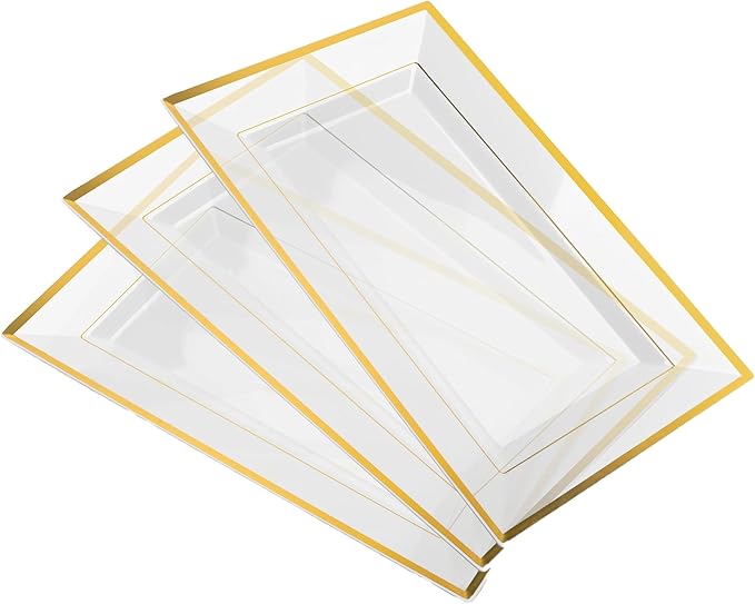 Mint Living-Elegant Plastic Serving Tray & Platter Set (3pk)-Clear & Gold Rim Disposable Serving Trays & Platters for Food - Weddings, Parties, Dessert Table, Cupcakes - 8x13 inches (Clear + Gold)