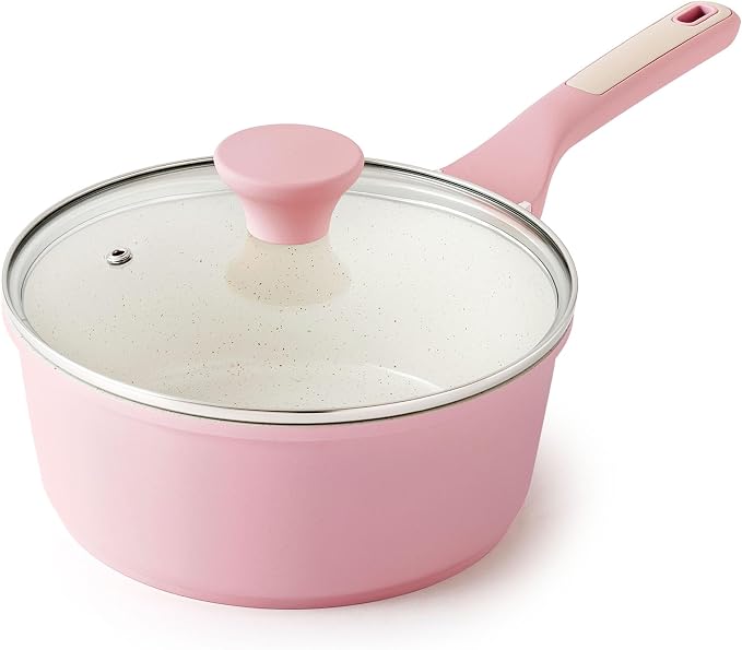 SENSARTE 2QT Ceramic Nonstick Saucepan with Lid, PTFE/PFAS Free, Pink | Small Kitchen Cooking Pot with Stay Cool Handle, Induction Compatible, Ceramic Coating