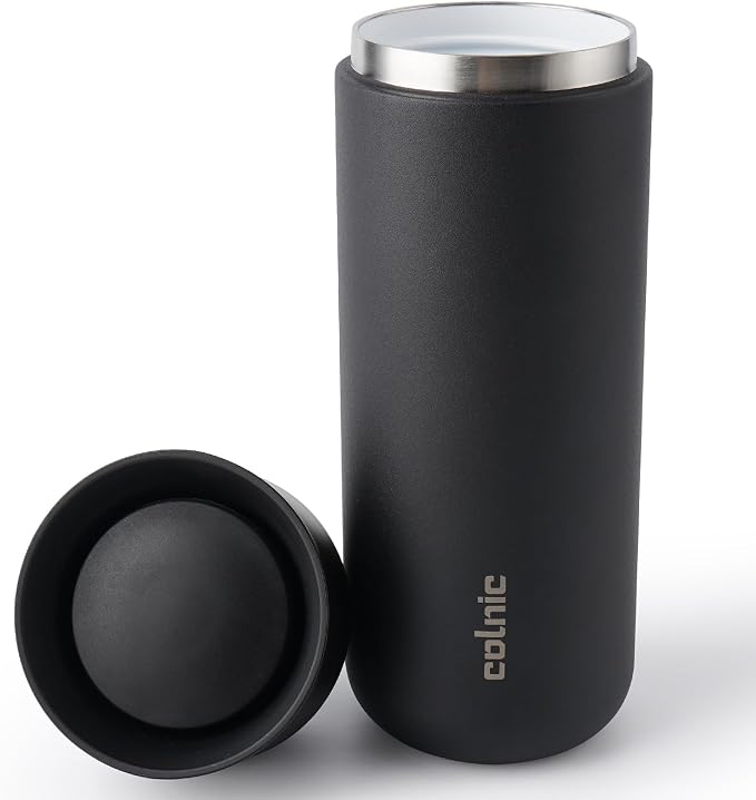 Ceramic Lined Travel Coffee Mug 360° Lid, 16 oz Insulated Coffee Tumbler | Leak Proof, Fits Cupholder, Stainless Steel Vacuum, Keep Hot and Cold, Women Gifts Cup, 360° Sip PUSH-BUTTON, Matte Black
