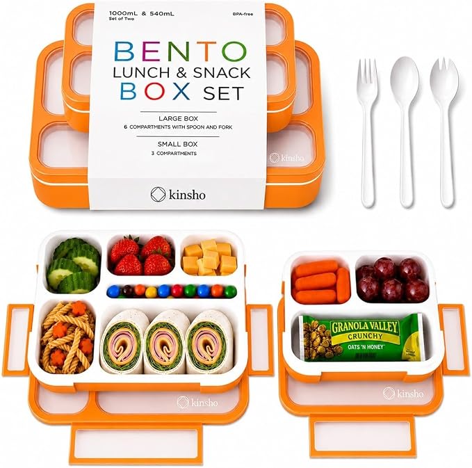 Bento Lunch-Box Set for Kids includes Snack Container | 6 and 3 Divided Compartment Boxes School Bentos or Meal Portion Control Containers BPA Free, Boys Girls Adults, Orange Large + MINI 2 pack