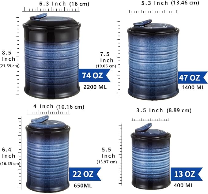 Nihow Food Storage Jar, Ceramic Canister Sets for The Kitchen,Set of 4,Blue | Air Tight Lid, Seal Damp-proof, For Flour/Sugar/Rice/Coffee/Cookies/Candy, Kitchen Counter Canister