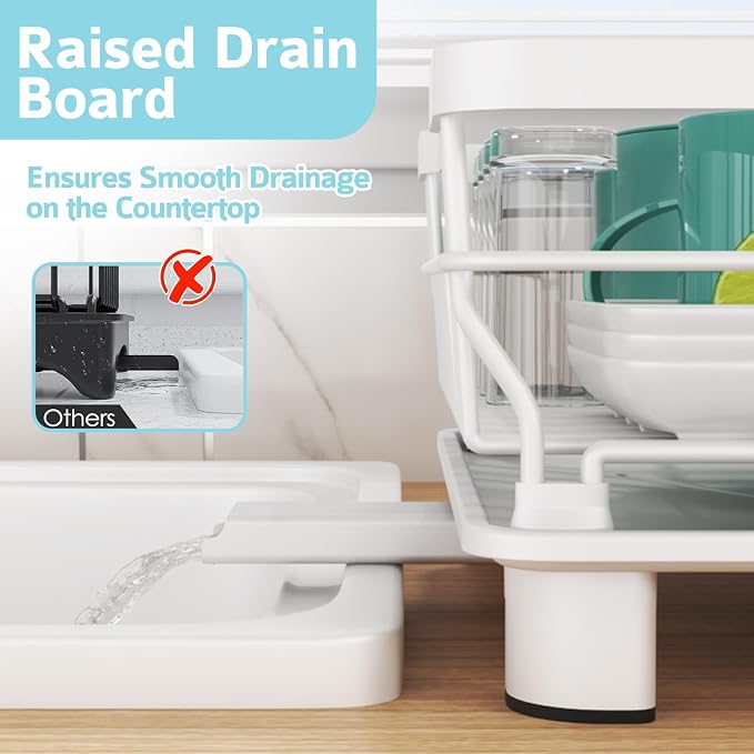 Dish Drying Rack - Space Saving Dish Rack - Dish Racks for Kitchen Counter with Drainboard,Rustproof Dish Drainer with Removable Utensil Holder,White