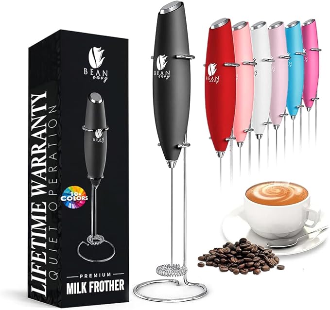 Bean Envy Milk Frother Handheld - Coffee Mixer Wand with Stand - Black | Battery Operated, Stainless Steel Whisk, 19000 RPM, Protein Powder Blender, Electric Stirrer, Mini Foamer