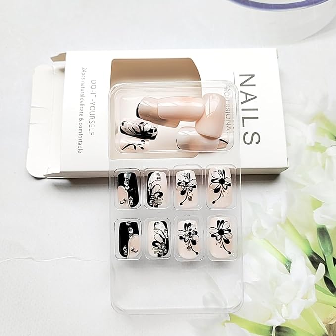 24Pcs Summer Press on Nails Short Square Fake Nails Press ons Nail Art Tips with 3D Rhinestones Design Acrylic Glue on Nails Full Cover Black Butterfly Flower False Nails for Women Manicure