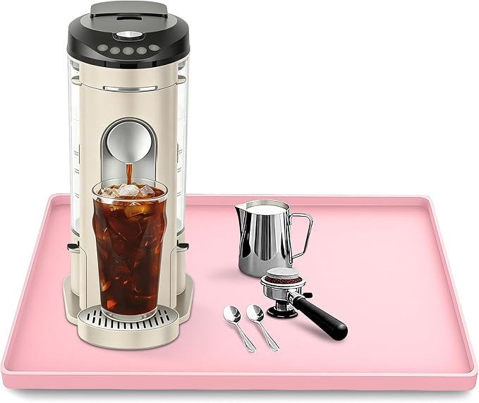 Silicone Coffee Maker Mat with Lip for Countertops, 15.7'' x 11.8'', Pink | Multi leak-proof coffee tray for countertop, non-slip silicone mat fits most coffee makers & espresso machines, wipe-clean