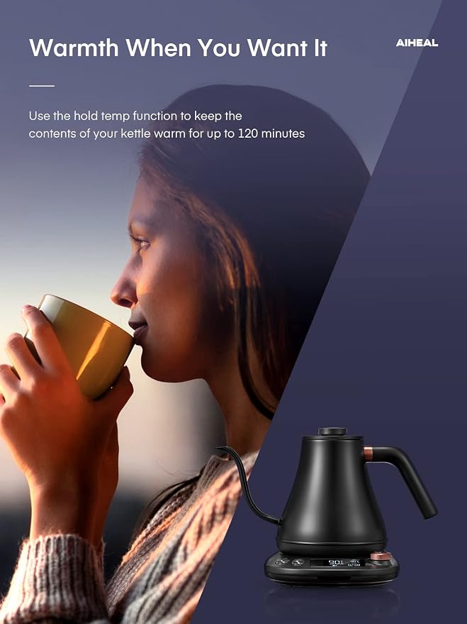 Electric Gooseneck Kettle Temperature Control, Pour Over Electric Kettle for Coffee and Tea, 100% Stainless Steel Inner, 1200W Rapid Heating, 0.8L, Built-in Stopwatch, Matte Black