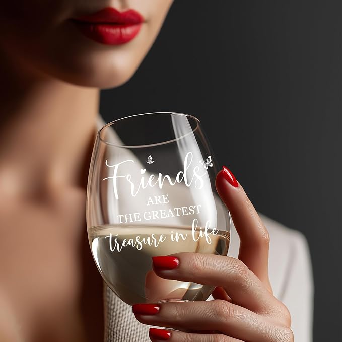 Friend Birthday Gifts for Women, 15 oz Wine Glasses, Dishwasher Safe | “Friends Are The Greatest Treasure In Life” – Scratch-Resistant Wine Glass, Best Friend Birthday Gifts for Women (White)