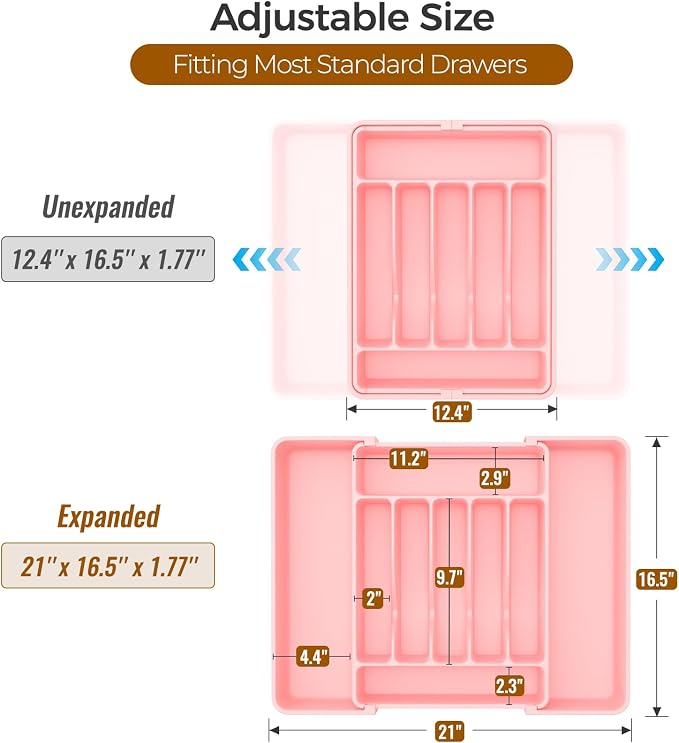 ukeetap Extra Large Expandable Silverware Organizer, Flatware Tray, Pink | BPA-Free Food-Safe Kitchen Utensil Cutlery Drawer Organizer, Adjustable Silverware Holder for Spoons Forks Knives
