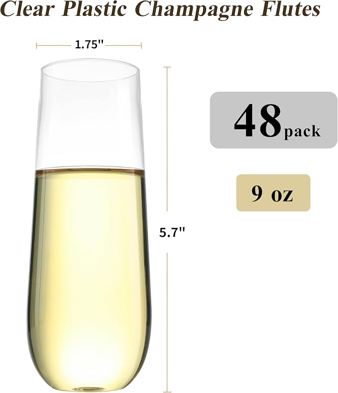 Bestluck 48 Pack 9 oz Clear Stemless Plastic Champagne Flutes | Clear Disposable Champagne Toasting Glasses, Shatterproof and BPA-Free Drinkware for Party & Graduation & Wedding