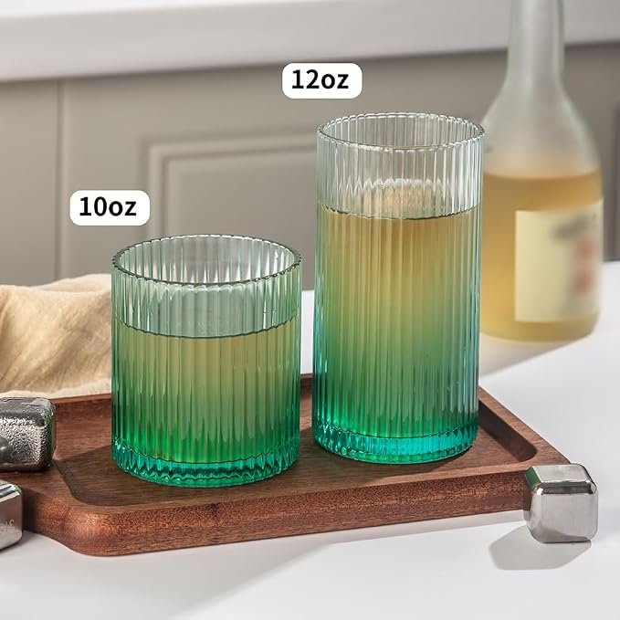 Ribbed Drinking Glasses 8pcs, 12oz and 10oz Glassware, Tumbler Glasses Cup Set for Wedding, Party, Christmas Gift, Green