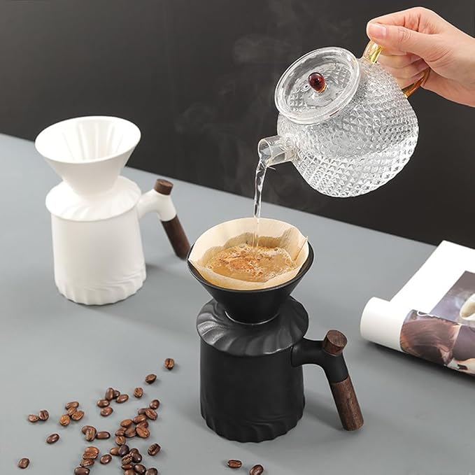 Handmade Black Pour over Coffee Maker Set, Ceramic Coffee Dripper Brewer Heat Resistant Coffee Pot Decanter 13OZ ACM02W