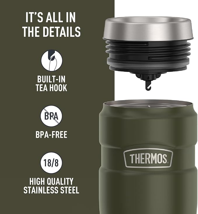 THERMOS Stainless King Stainless Steel Tumbler, 16oz, Army Green | Vacuum-Insulated Coffee Tumbler for Hot & Cold Drinks, For Commuting & Traveling