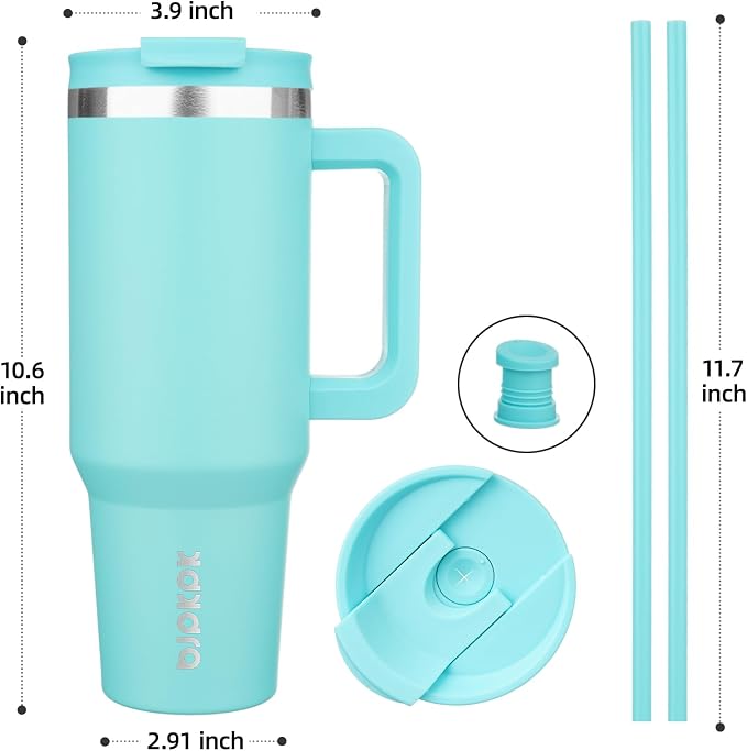 BJPKPK 40 oz Insulated Tumbler with Handle & Straw, Stainless Steel | Double Wall Vacuum Insulation, Leak Proof, BPA Free, Dishwasher Safe, Cupholder Friendly, Travel & Outdoor, Turquoise