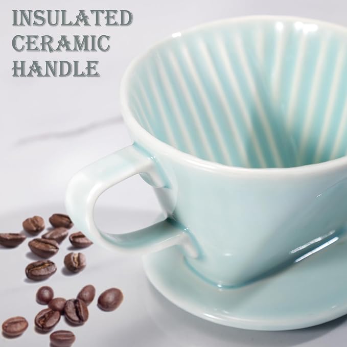 Pour Over Coffee Dripper, Ceramic Pour Over Coffee Maker, Green | 3 Holes Flat Bottom, Easy Manual Brew Maker, Porcelain Slow Filter Cone for Travel, Camping, Office, Home