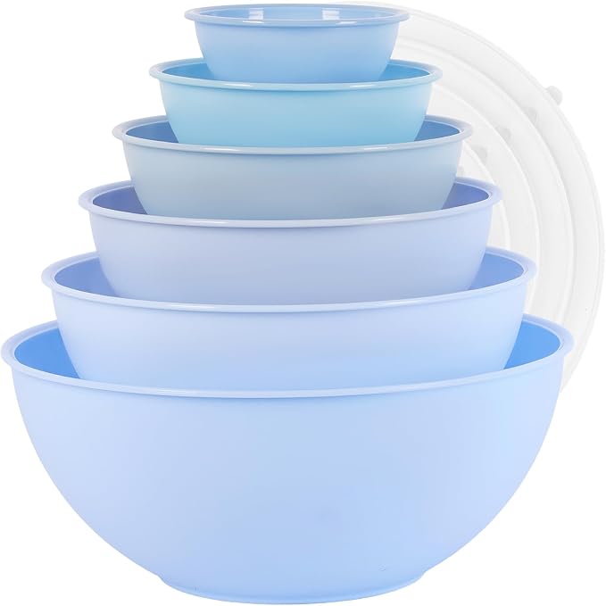 BoxedHome BPA Free Plastic Round Mixing Bowl with Lids, 12 Pack Nesting Bowls with Lids Set, Microwave and Dishwasher Safe Prep & Serving Bowls Great for Mixing, Baking, Serving (Pale Blue, 12pcs)
