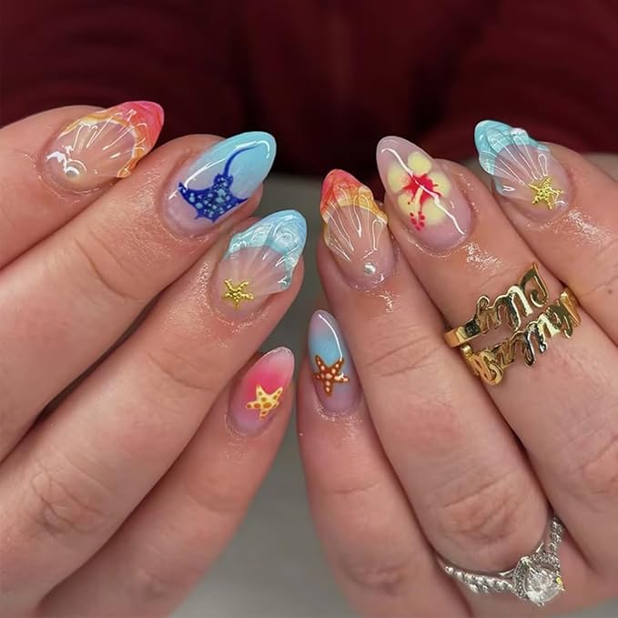 30Pcs Medium Almond Press On Nails Summer Beach Fake Nails with Hibiscus Flower, 3D Starfish & Seashell Wave Design French Tip Glue On Nails Cute Ocean False Nails for Women Vacation Party Manicure