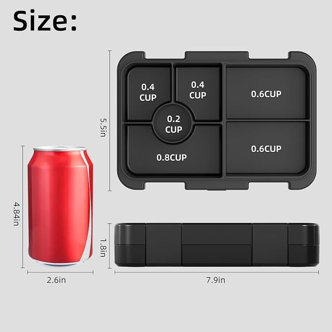 Bento Lunch Box for Kids, 5/6 Compartments, 3 Cups, Black | 5/6 Compartments, 3 Cups, BPA Free, Dishwasher Safe, for Kids, Back to School, On-the-Go Meal, Ages 3+, School