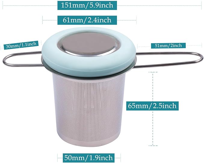 Tea Infuser Stainless Steel Tea Strainer Folding Handle Tea Filter Extra Fine Mesh Strainer Brewing Basket with Lid for Loose Leaf Tea (Light Blue) …