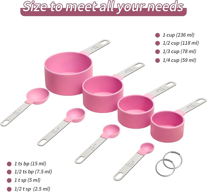 Measuring Cups Set Measuring Spoons Set, Nesting Measure Cups with Stainless Steel Handle, For Measuring Dry and Liquid Ingredients Small Teaspoon with Plastic Head (Pink)