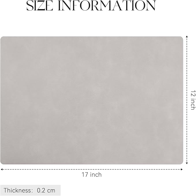MOSAYT Vinyl Placemats Set of 6-12 X 17 Inch - Faux Leather 100% Waterproof Oil-Proof Wipeable PU Place Mats, Heat Resistant Reversible Table Mats for Kitchen, Dining, Outdoor, Light Grey