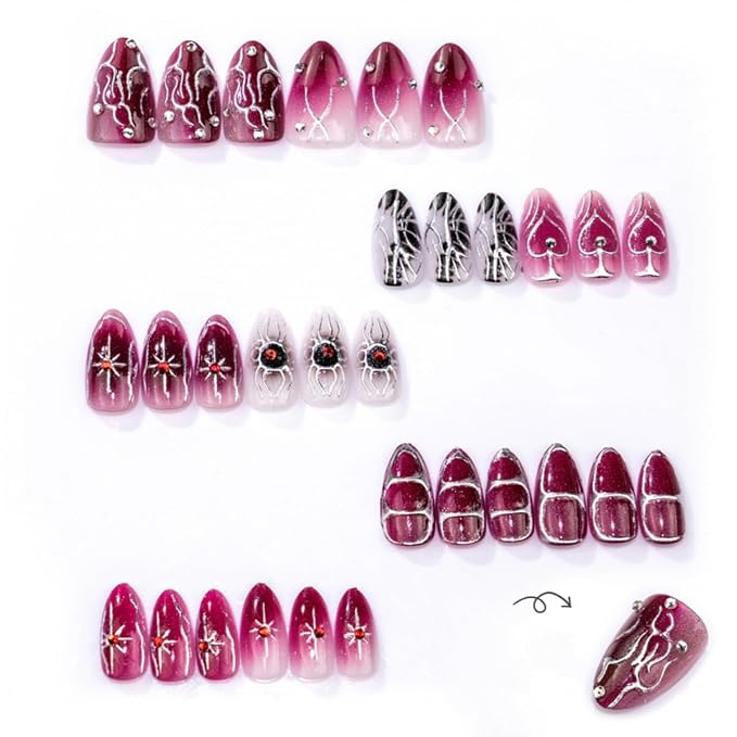30Pcs Gothic Press On Nails Dark Red Gradient Fake Nails with Spider Rhinestones Designs Medium Almond Goth Acrylic Nails Chrome Line Stick On Nails for Women Halloween Party Reusable False Nails