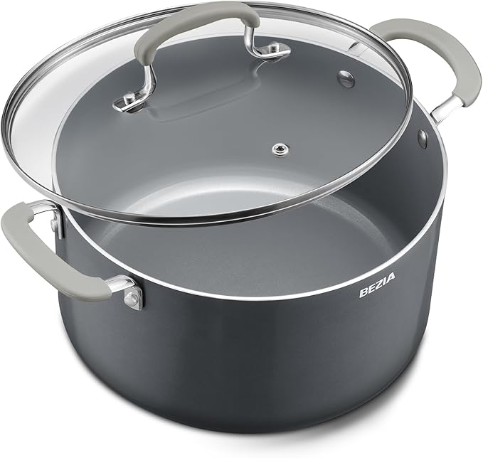 BEZIA 8QT Non Stick Stock Pot with Lid, Ceramic Induction Cooking Pot | Stay-Cool Silicone Handles, Oven Safe & Easy Cleanup, for All Stovetops, for Whole Chicken Soup, Weekend Meal Prep, Blanching